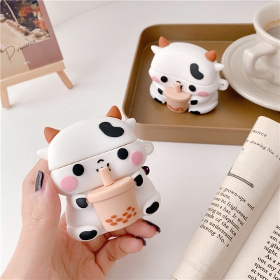 Кейс за AirPods Pro Drink Cow, 3D анимационен калъф, мека PVC пълна защита, удароустойчив калъф за зареждане